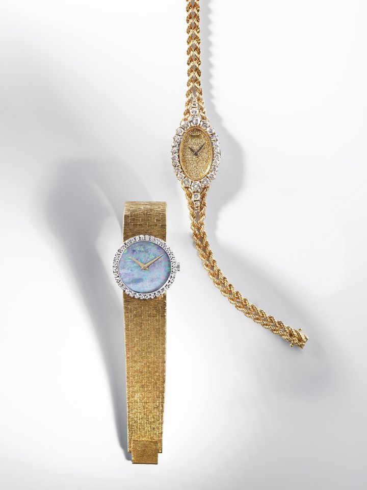 Jewellery watch formerly owned by Elizabeth Taylor, yellow gold and diamonds. Manufacture 9P ultra-thin hand-wound movement. 1981. Jewellery watch formerly owned by Elizabeth Taylor, yellow gold and diamonds, opal dial. Manufacture 9P ultra-thin hand-wound movement. 1967. Piaget Private Collection.
