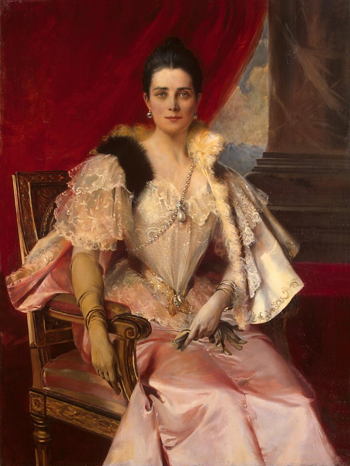 Princess Zinaida Yusupova wearing La Régente, according to Christie's, by François Flameng, Oil on canvas, 1894, Hermitage Museum.