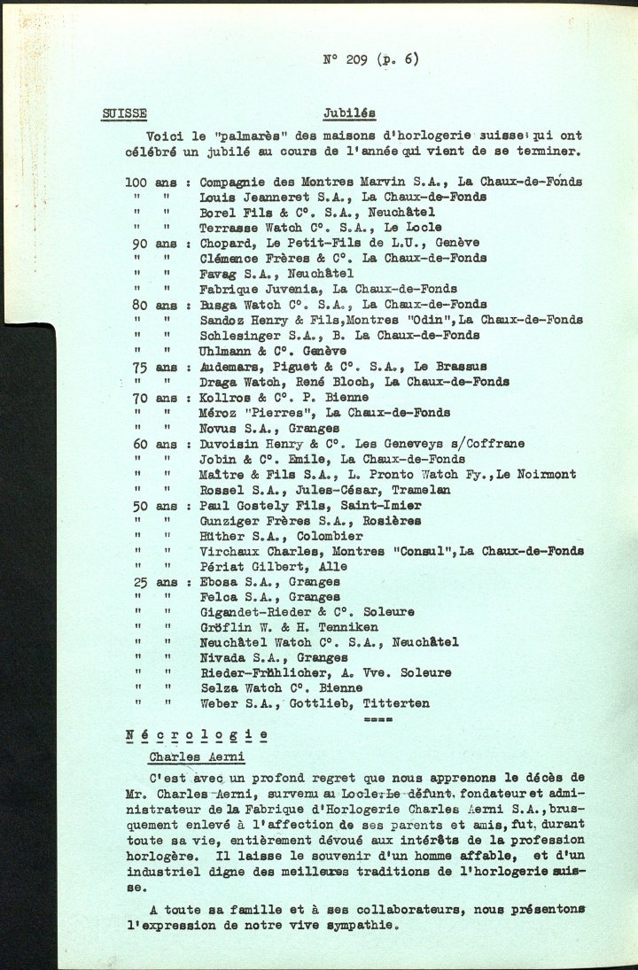 A reference to Chopard's 90th anniversary in the Bulletin d'Informations, published by Europa Star in 1950. The brand, already based in Geneva, was still only small. Other notable anniversaries are those of Audemars Piguet (75) and Nivada (25)!