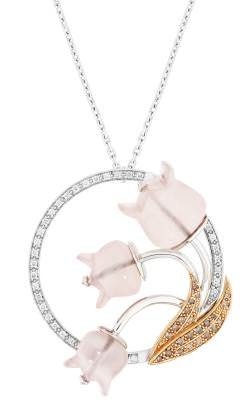 “Muguet”: white gold paved with diamonds, red gold paved with champagne diamonds, bells in pink quartz