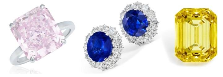 Fancy intense purplish pink diamond ring (left) Pair of Burmese sapphire earrings, by Bulgari (center) Fancy vivid yellow diamond ring of 20.49 carats (right)