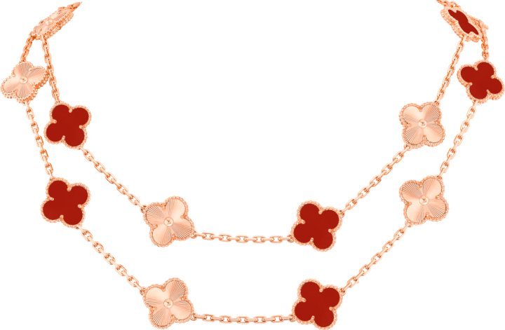 Alhambra 20-motif long necklace. Rose gold, guilloché rose gold, carnelian
