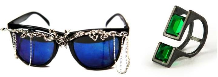 Left: Eyewear decorated with sterling silver skulls by Jade Chiu (USA). Jade's creations are based on fusion as a bridge to convey eastern art and beliefs in western forms. The body/face adornment pieces are imaginative pop surrealism, an edgy fashion-forward style Right: Handcrafted oxidized silver and gemstone ring by Margherita (Lebanon). Margherita creates unique architectural pieces, and was a finalist in the ITS 2012 Jewellery competition in Trieste and recently exhibited at the Capsule Show during Berlin Fashion Week 2014.