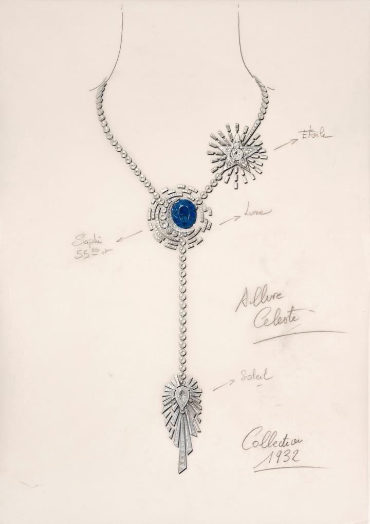 Chanel 1932 Collection Allure Céleste necklace in white gold and diamonds with a 55.55 ct. oval-cut sapphire, 8.05 ct pear-cut diamond D FL (Type IIa) and a 2.52 ct brilliant-cut diamond D FL (Type IIa).