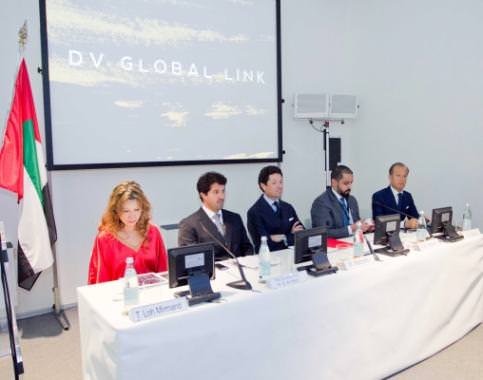 Panel of dignitaries from Dubai and Vicenza present at the historic signing of the agreement between the Fiera di Vicenza and the Dubai World Trade Centre that created DV Global Link. From left: Trixie Loh Mirmand, DWTC Senior Vice President of Exhibition & Event Management; His Excellency Helal Saeed Al Marri, Director General of Dubai's Department of Tourism and Commerce Marketing, and DWTC CEO; Matteo Marzotto, President of Fiera di Vicenza; Ahmed Bin Sulayem, DMCC Executive Chairman, and Corrado Facco, Managing Director of Fiera di Vicenza.