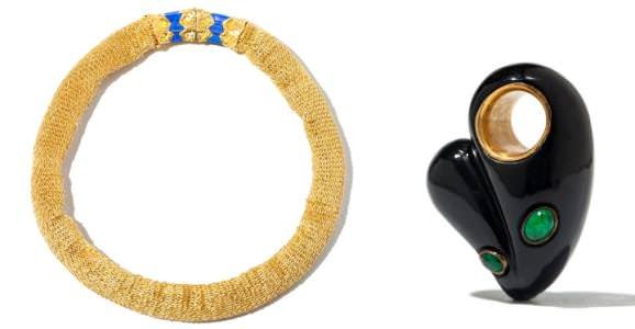 Otto Jakob, Gold & Lapis Necklace “Doppelstern”, 1986 & Onyx and Emerald Heart Pendant, 1989