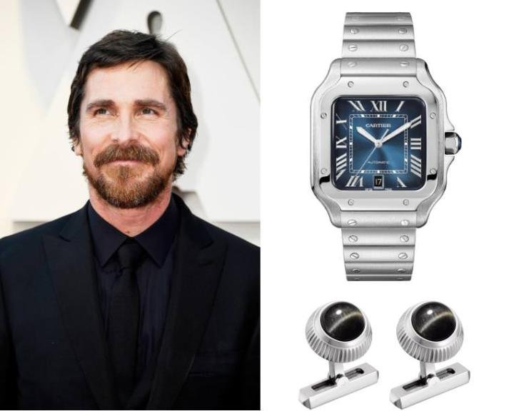 Santos de Cartier watch, large model, steel - R de Cartier cufflinks, sterling silver, palladium finish, hawk's eye
