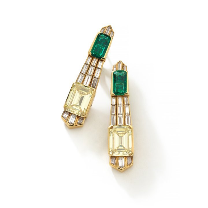 Bulgari impressive pair of fancy intense yellow diamond emerald and diamond pendant earrings, circa 1979
