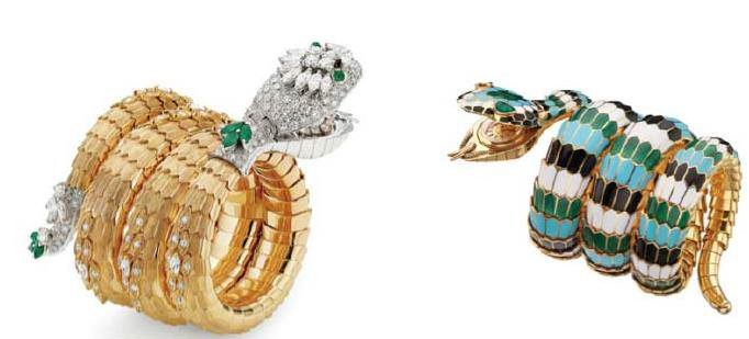 Serpenti bracelet-watch in yellow gold and platinum, with emeralds and diamonds & Serpenti bracelet-watch in yellow gold and polychrome enamel.