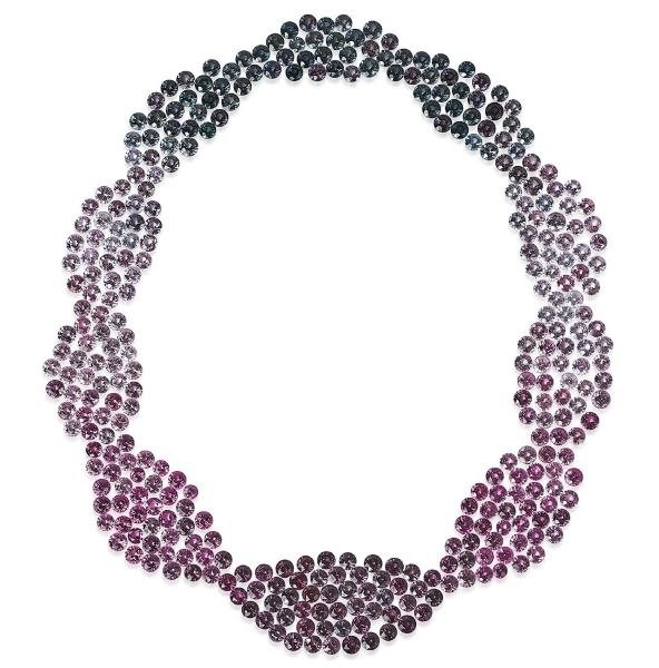 The colours blend around the necklace from pink, lavender and purple to a greenish blue