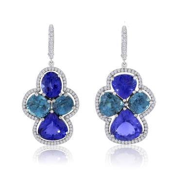 Tanzanite Zircon Earrings: Tanzanite total Weight 14.50 tcw, Blue Zircon 11.20 tcw, diamonds .83 tcw, in 18K White Gold.