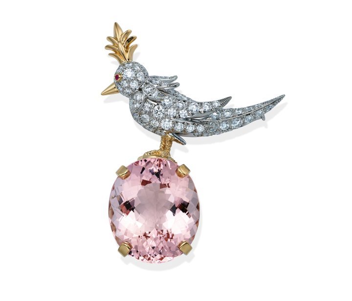 Jean Schlumberger by Tiffany & Co., Bird on a Rock brooch, gold and platinum with a morganite, diamonds and a pink sapphire