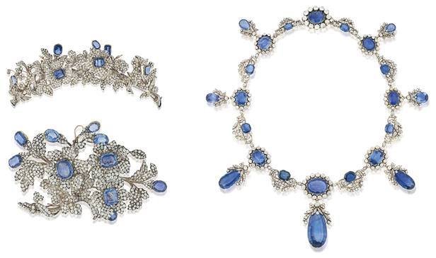 An important 19th century sapphire and diamond necklace, tiara and corsage ornament Estimate: £280,000 - 350,000