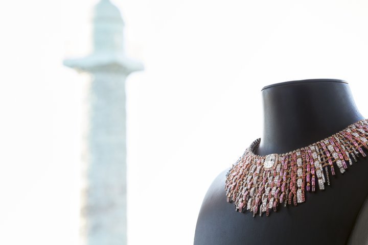 The Tweed Couture high jewellery necklace in platinum and pink gold, set with pink sapphires, spinels, diamonds and one 10.20-carat cushion-cut diamond, before preservation in the Chanel Watches and fine jewellery heritage collection. 2020. ©CHANEL