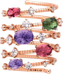 Technically sophisticated ring evoking movement in 18K gold and gemstones from the Rugiada collection by Mattia Cielo.