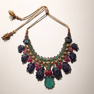 Necklace: Cartier Paris, special order, 1938. Gold, platinum, diamonds, emeralds, rubies, sapphires, half pearls, and enamel. 