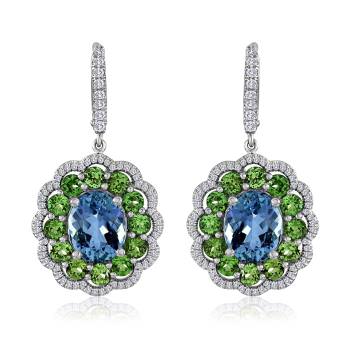  American Gem Trade Association Spectrum Design Award winner, Honorable Mention in the Bridal Categ ory, platinum earrings featuring aquamarines (5.61 tcw) and grossular garnets ( 3.51 tcw), accented with diamonds (.56 tcw). 