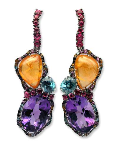 Stanislav Drokin - Earrings in White gold 750, spessartites, amethysts, starlites, blue diamonds, red spinels, black spinels, rhodolites. Produced in a single copy.