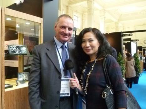 Ernest Blom, Vice Chairman of the World Diamond Mark Foundation (WDMF) and President of the World Federation of Diamond Bourses, introduced the World Diamond Mark at the ADTF. He is being interviewed by Jane Jiang, a television journalist from China..