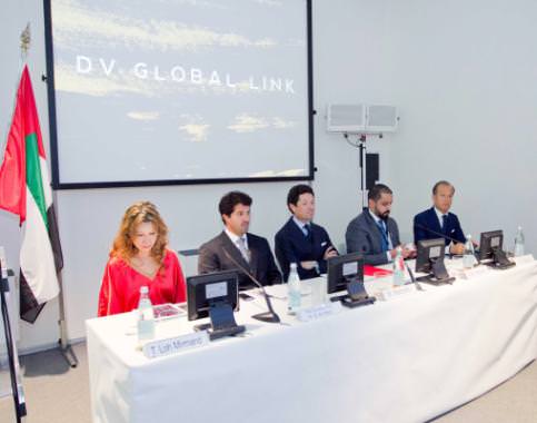 Panel of dignitaries from Dubai and Vicenza present at the historic signing of the agreement between the Fiera di Vicenza and the Dubai World Trade Centre that created DV Global Link. From left: Trixie Loh Mirmand, DWTC Senior Vice President of Exhibition & Event Management; His Excellency Helal Saeed Al Marri, Director General of Dubai's Department of Tourism and Commerce Marketing, and DWTC CEO; Matteo Marzotto, President of Fiera di Vicenza; Ahmed Bin Sulayem, DMCC Executive Chairman, and Corrado Facco, Managing Director of Fiera di Vicenza.