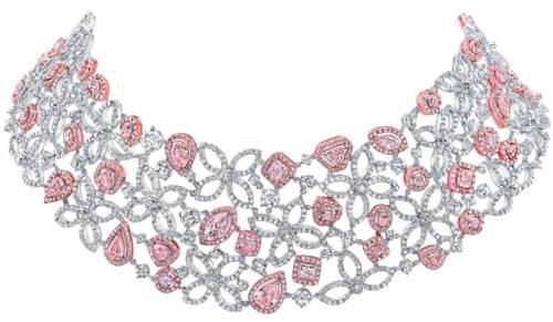 Front view of pink and white diamond and gold necklace.