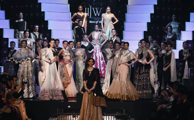 During the II JW Grande Finale, Soonam Kapoor, centre front, with the models wearing the “Best of the Best” creations.