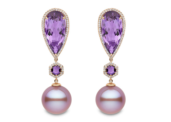Purple pearl, amethyst, and diamond earrings by Yoko London