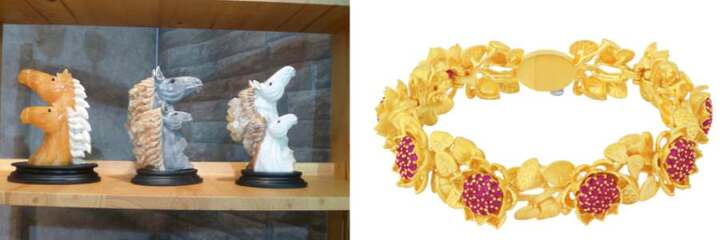 Carved horses by Thai brand, KdeCraft (left) Gold and gemstone bracelet by Prima Gold by Pranda (right)
