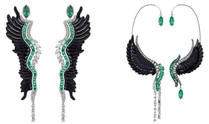 Set of Earrings, 18k white gold, white diamond, emeralds, onyx.
