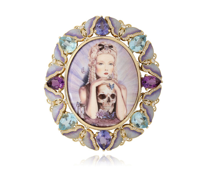 Memento Mori portrait ring, 2018, enamel portrait and butterflies, tanzanite, amethyst, aquamarine, 18k yellow gold. Illustration by Natalie Shau