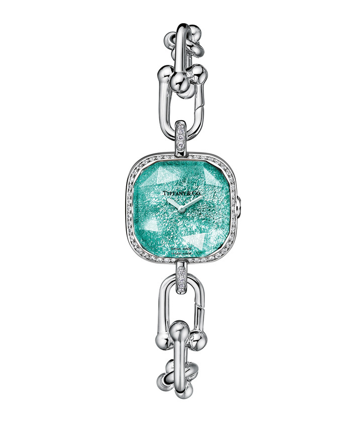 Tiffany & Co. HardWear watch in Blue Crush, 24.5mm stainless steel case; sterling silver bracelet. Case set with 54 round brilliant diamonds totalling 0.45 carat; faceted sapphire crystal; Tiffany Blue® “crush” lacquer dial; 14-link sterling silver HardWear bracelet; high-precision Swiss quartz movement.