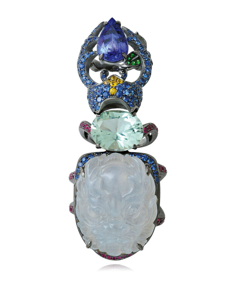 Scarab finger-ring, Autumn in Peking collection, icy-jade carved plaque, tanzanite, sapphire, aquamarine, yellow sapphire, tsavorite garnet, ruby, 18k black rhodium-plated gold